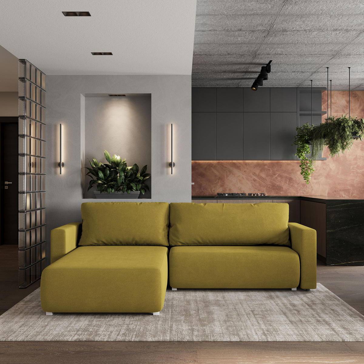 ECKSOFA TURIN Gelb Geflochtener Stoff mit Schlaffunktion - Gelb, Holz (265/183cm) - MASSENO