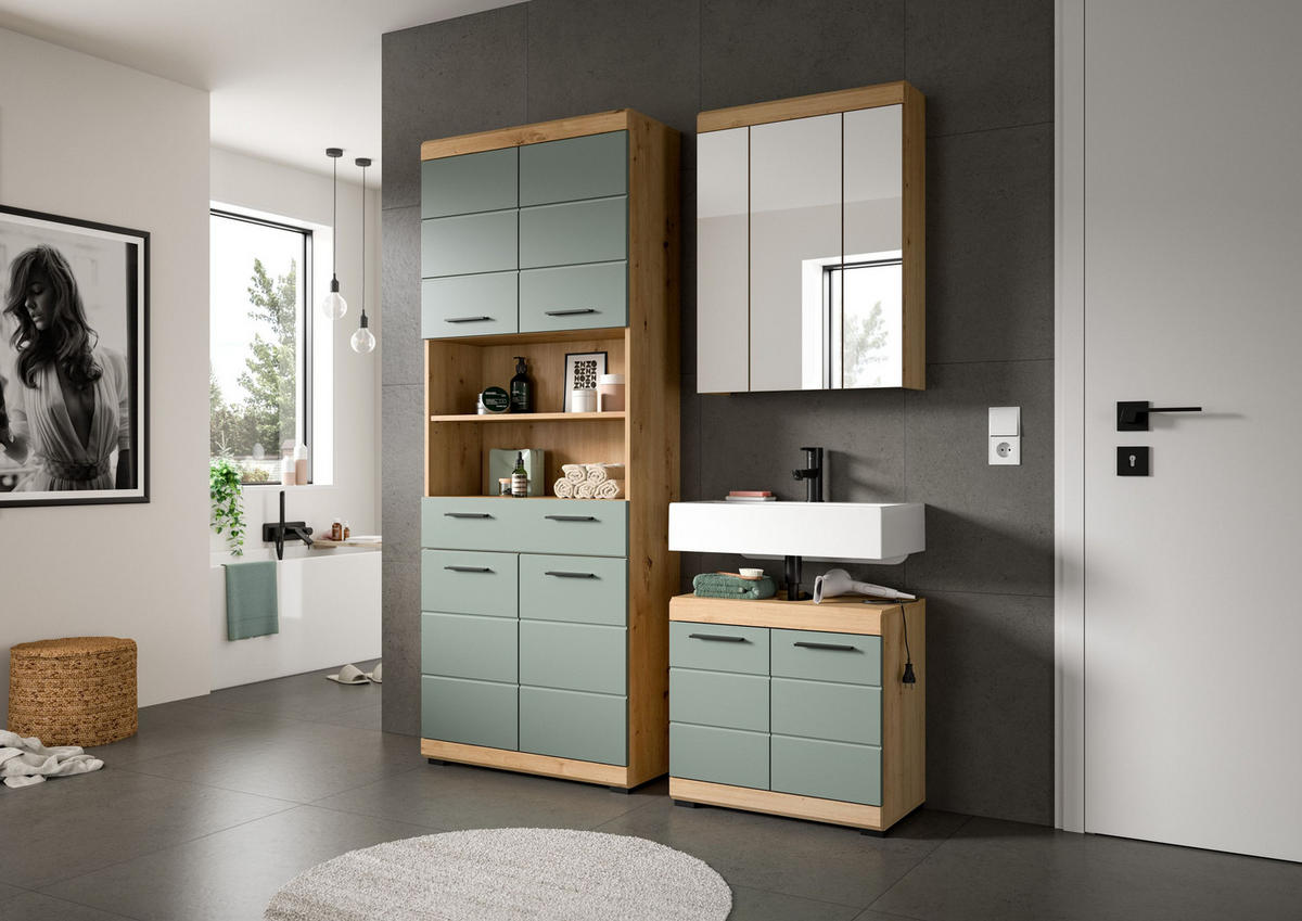 BADKOMBINATION 3tlg. Scout Bad in Artisan Eiche Nachbildung und Salbei Nachbildung B/H/T: 149x191x34 cm - Eiche Artisan, Holz (149/191/34cm)
