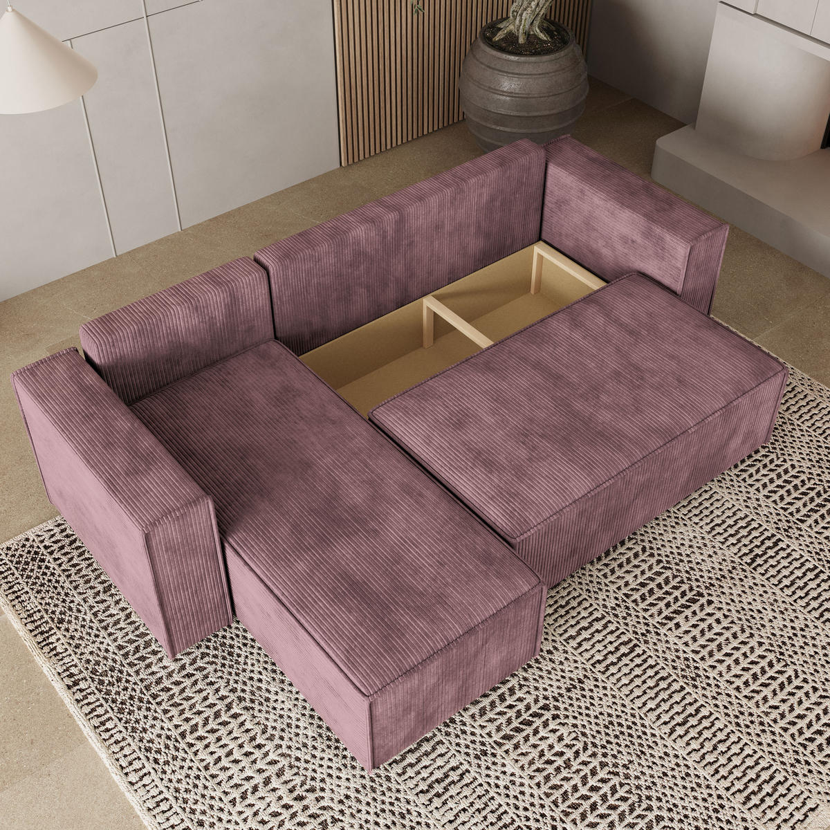 ROHOVÁ SEDAČKA RAVELO šeříková - šedá/šeříková, dřevo/textil (240/140cm) - MASSENO