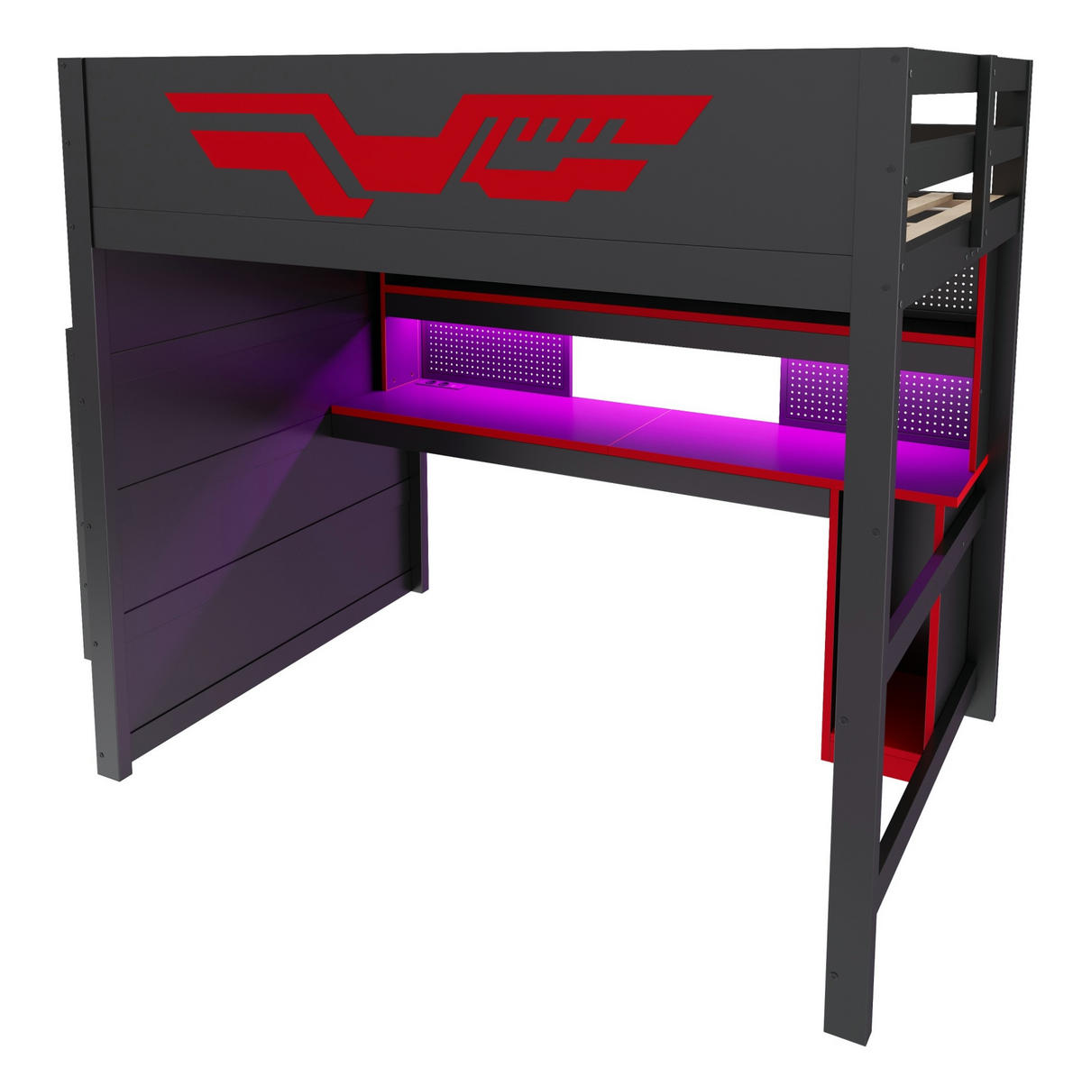 GAMING-HOCHBETT MDF & Sperrholz 140x200 cm Schwarz/Rot mit Schreibtisch, Stauraumtreppe, LED und USB - Schwarz, Holzwerkstoff (140/200cm) - Modfu