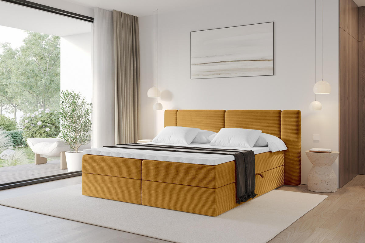 BOXBETT mit Matratze H4 - EVON - 140x200 cm Senfgelb - Dunkelgelb, Holzwerkstoff (140/200cm) - ALTDECOR