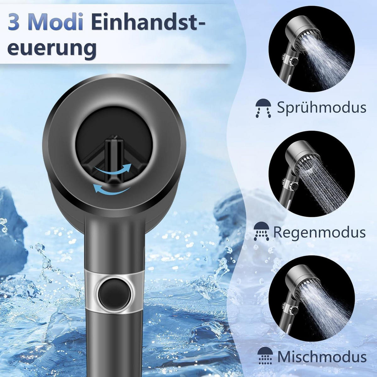 HANDBRAUSE Set mit 1,5 m Schlauch und 2 Filterelementen - Anthrazit, Metall (8/12.7/17cm)