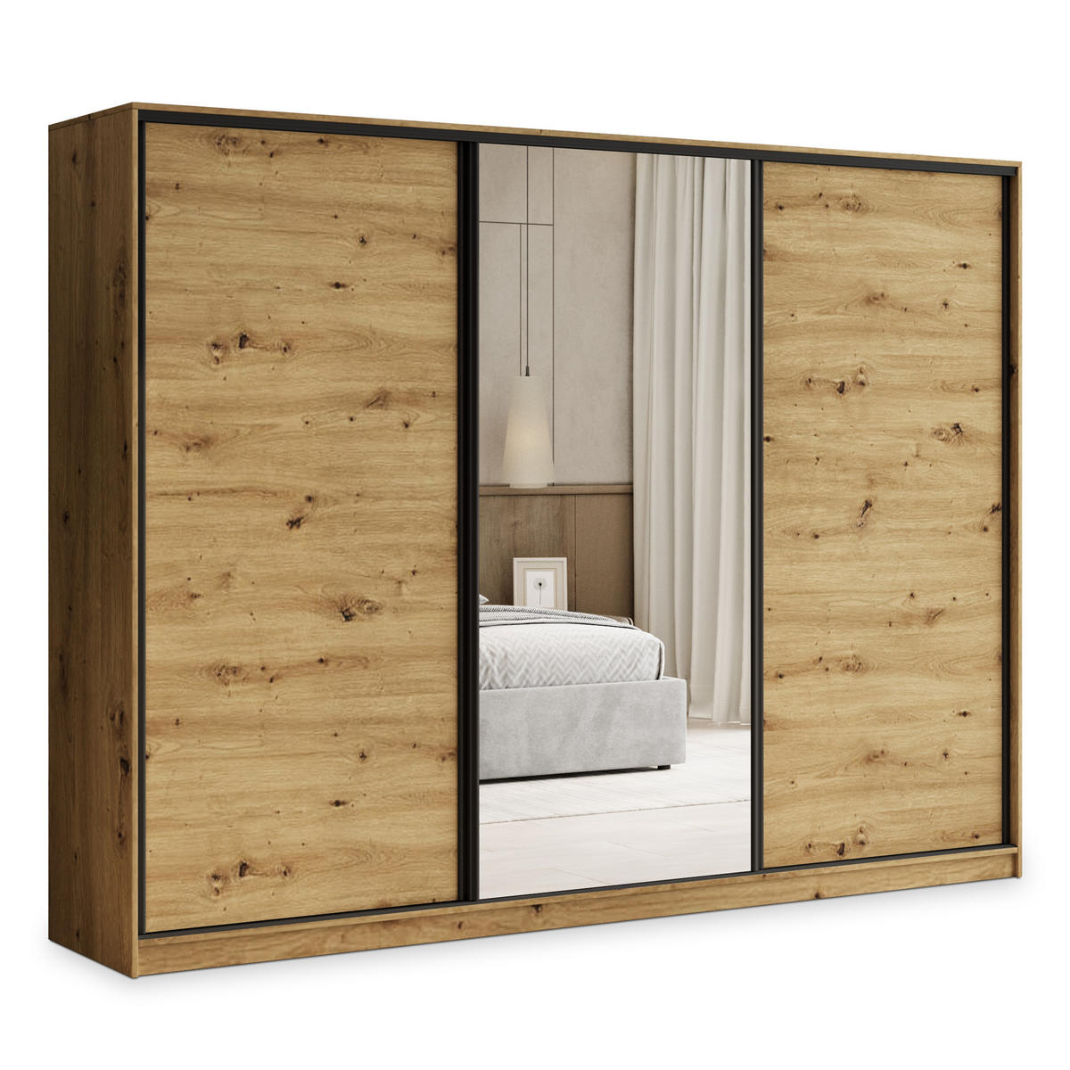 SCHWEBETÜRENSCHRANK TARI 250/205/58 cm 3-türig mit Spiegel und Schubladen Eiche Artisan - Schwarz/Eiche Artisan, Holzwerkstoff (250/205/58cm) - MASSENO