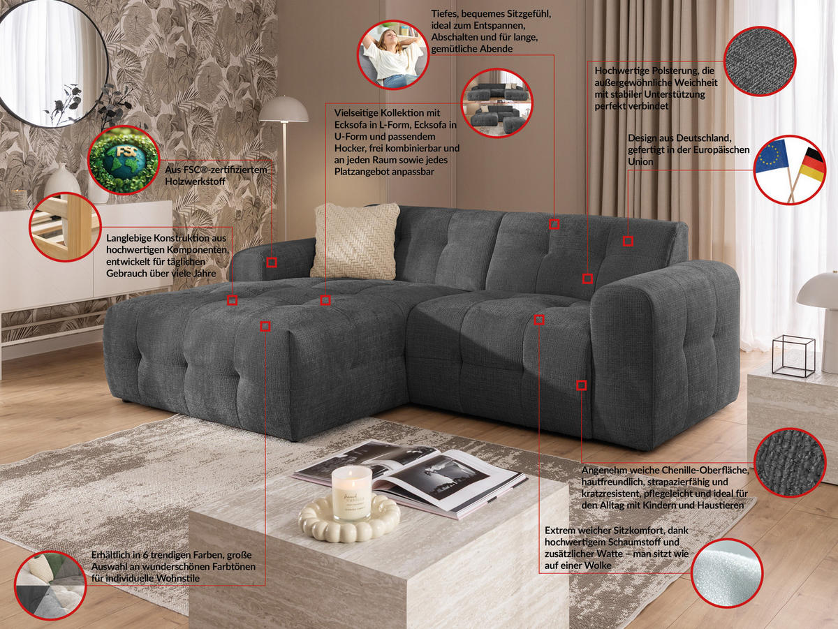 ECKSOFA inkl. Hocker Kozy im Bumpy-Design mit Schlaffunktion und fester Rückenlehne aus weichem Grau Chenille-Stoff - Ottomane links - Schwarz/Grau, Holz/Kunststoff (161/234cm) - S-Style Möbel