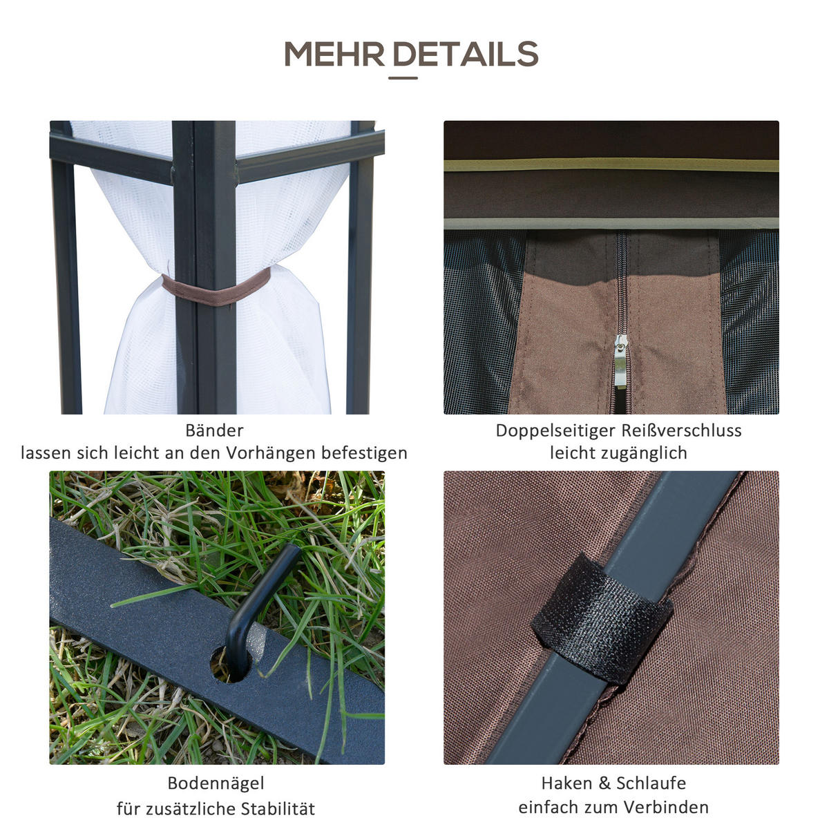 PAVILLON, Kaffeebraun+Weiß+Schwarz, Stahl, 180g/m² Polyester - Braun, Metall (297/270/297cm) - Outsunny