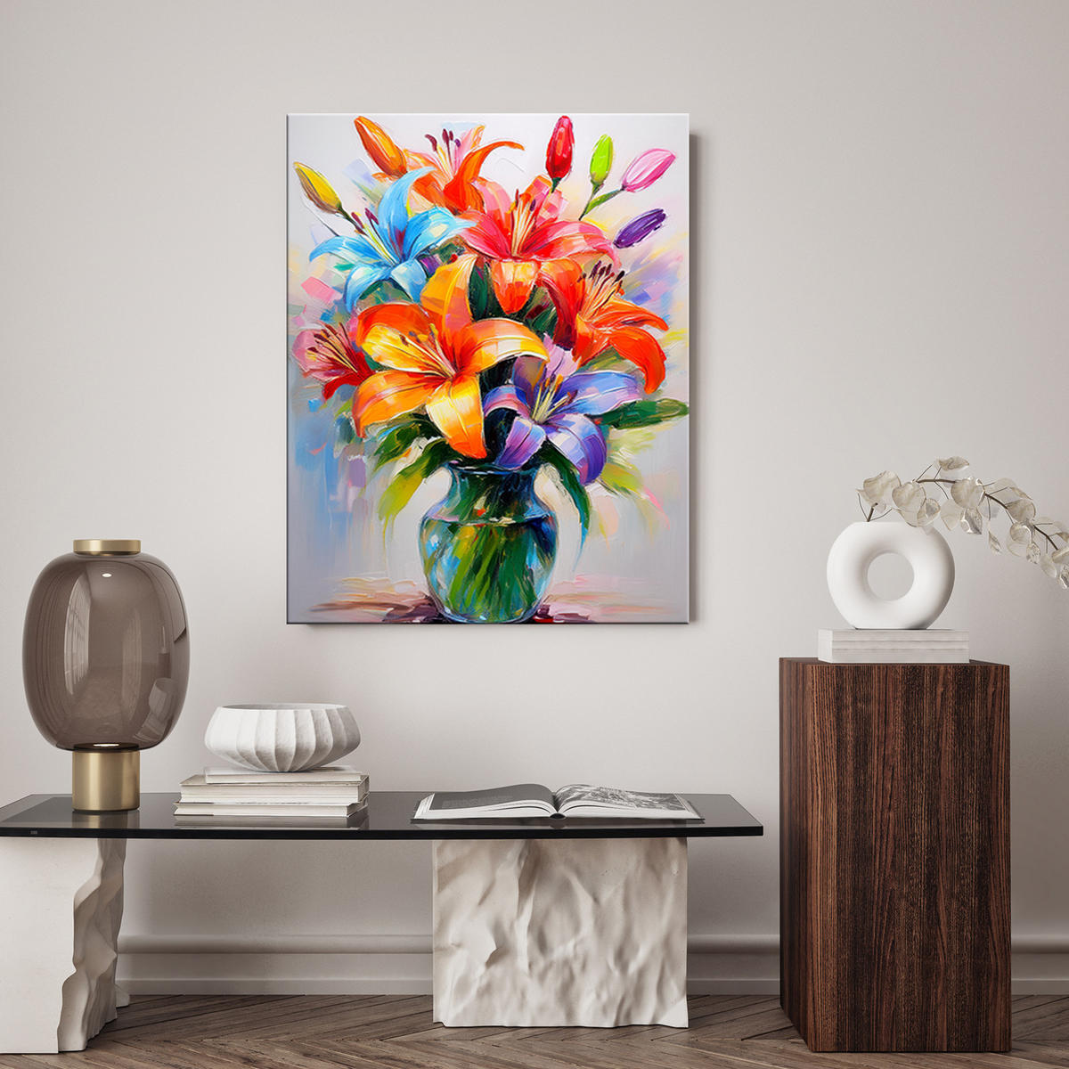 WANDBILD farbige lilien in einer vase gemalt - Multicolor, Textil (40/60cm) - Feeby