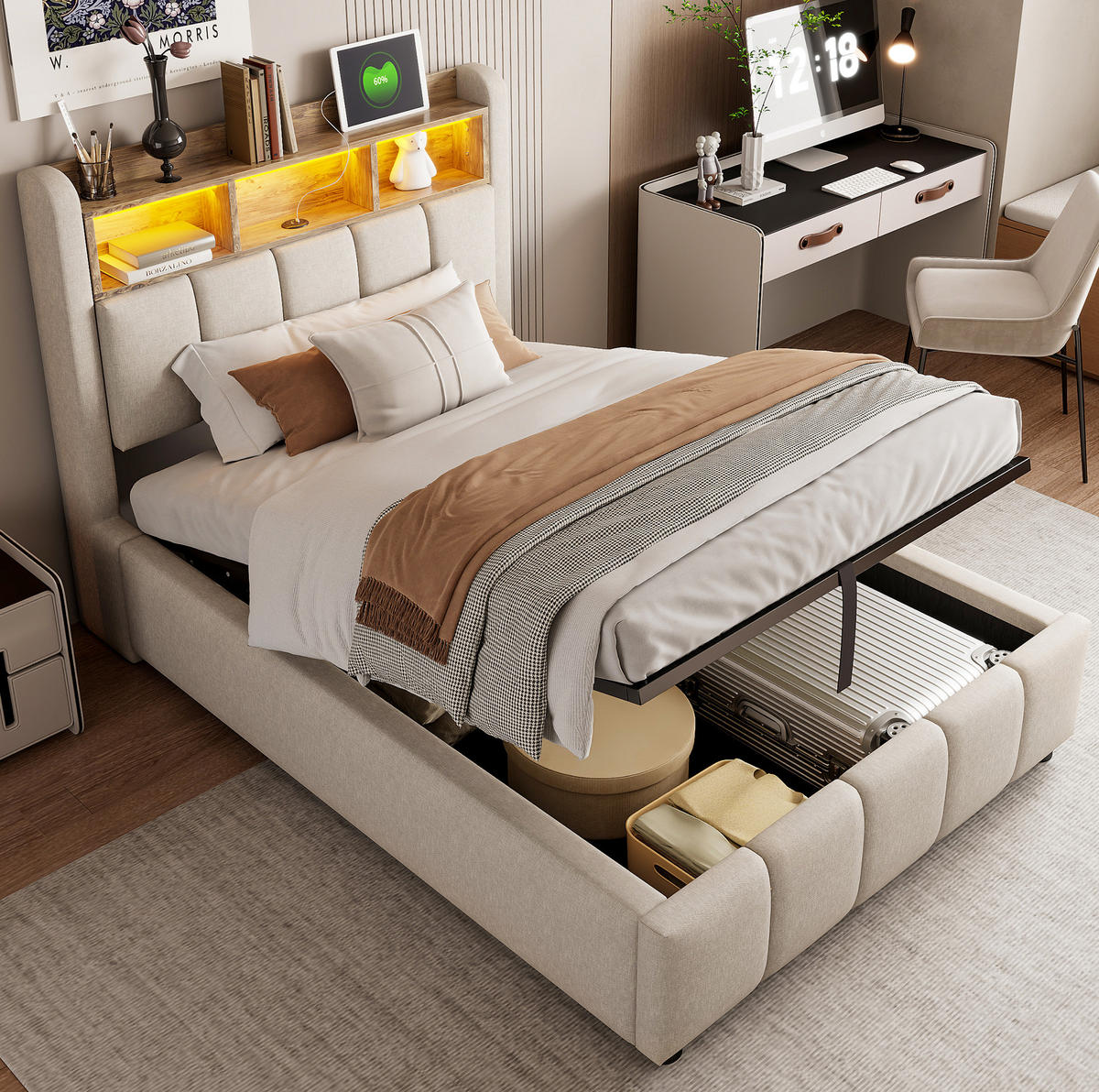 POLSTERBETT 90/200 cm Beige mit USB- und LED-Beleuchtung und hydraulischem Stauraum - Beige, Textil (90/200cm) - OKWISH