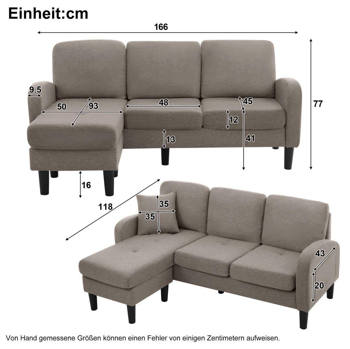 ECKSOFA Baumwoll-Leinenbezug mit Chaiselongue modular Antik Dunkelgrau 166/118/77 cm - Dunkelgrau, Textil (166/118cm) - Redom