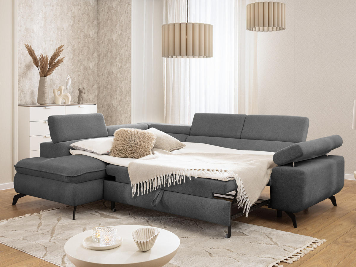 ECKSOFA mit Schlaffunktion und Bettkasten Bonnie aus Grau Chenille-Stoff mit verstellbaren Kopfstützen und Armlehne - Ottomane links - Schwarz/Grau, Holz/Textil (275/210cm) - S-Style Möbel