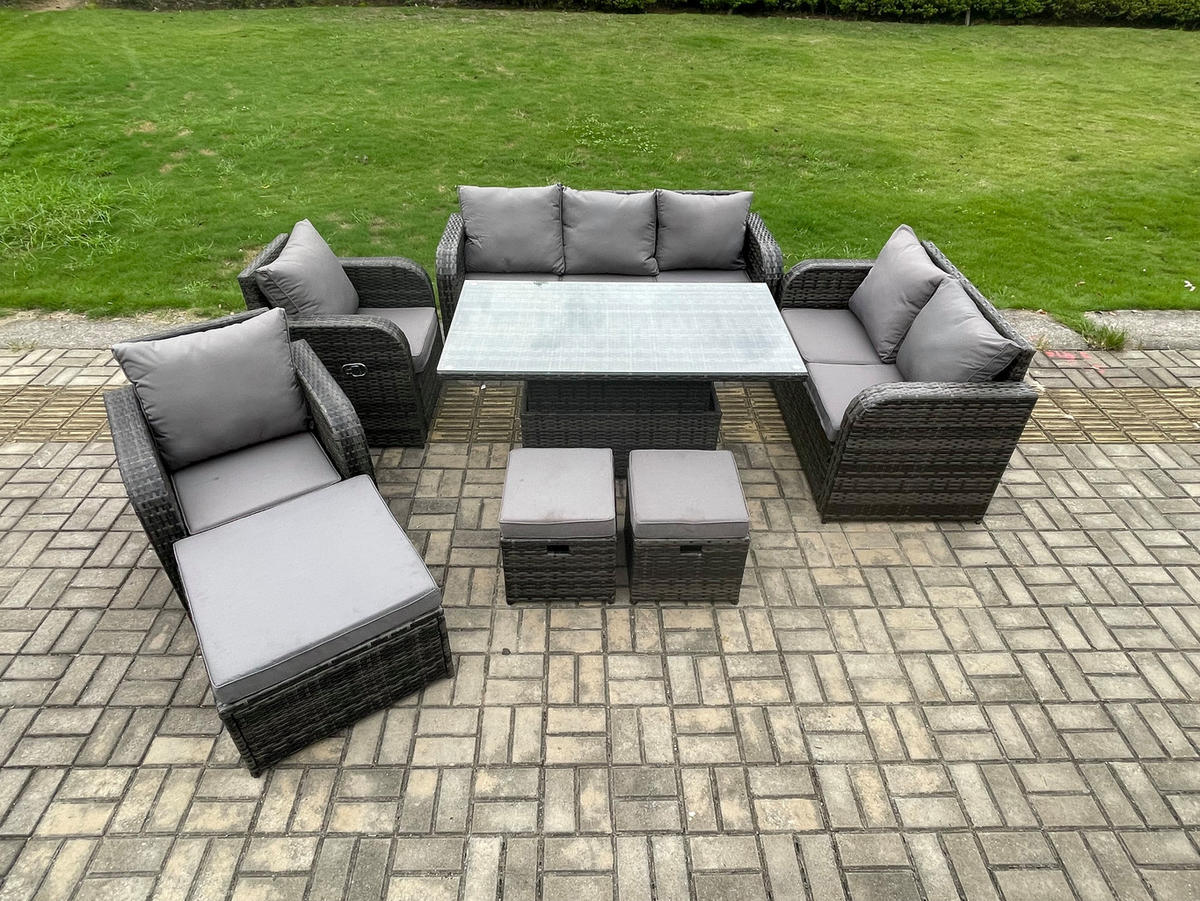 GARTENSET MIT COUCHTISCH HOCKER Polyrattan Outdoor 9-Sitzer - Dunkelgrau/Grau, Glas/Kunststoff - Fimous