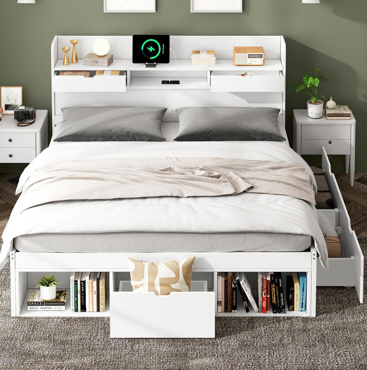 POLSTERBETT 160/200 cm Weiß mit Stauraum und USB- und Type-C-Anschlüssen - Weiß, Holzwerkstoff (160/200cm) - Flora Grace