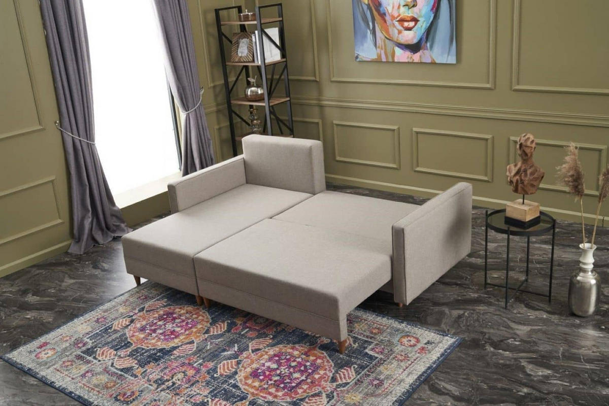 ECKSOFA mit Schlaffunktion, 215 cm Gesamtbreite - Beige/Creme, Holz/Buchenholz (215/150cm) - myHomelando