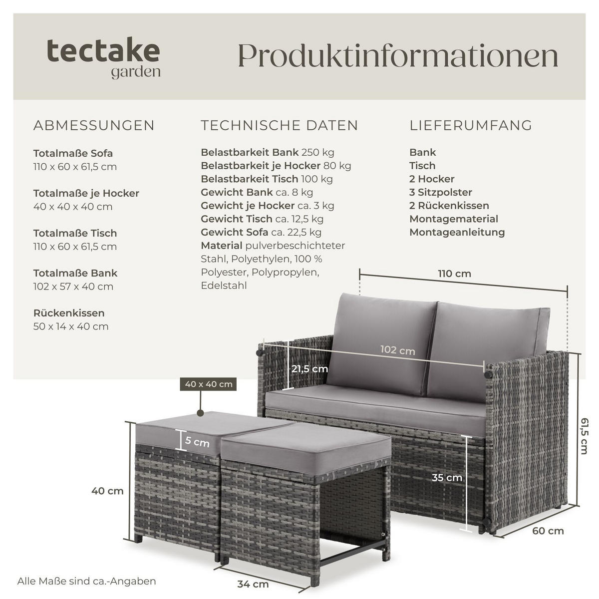 2-IN-1-RATTANLOUNGE-SET Monopoli, höhenverstellbare Tischfüße, grau - Grau, Kunststoff - tectake