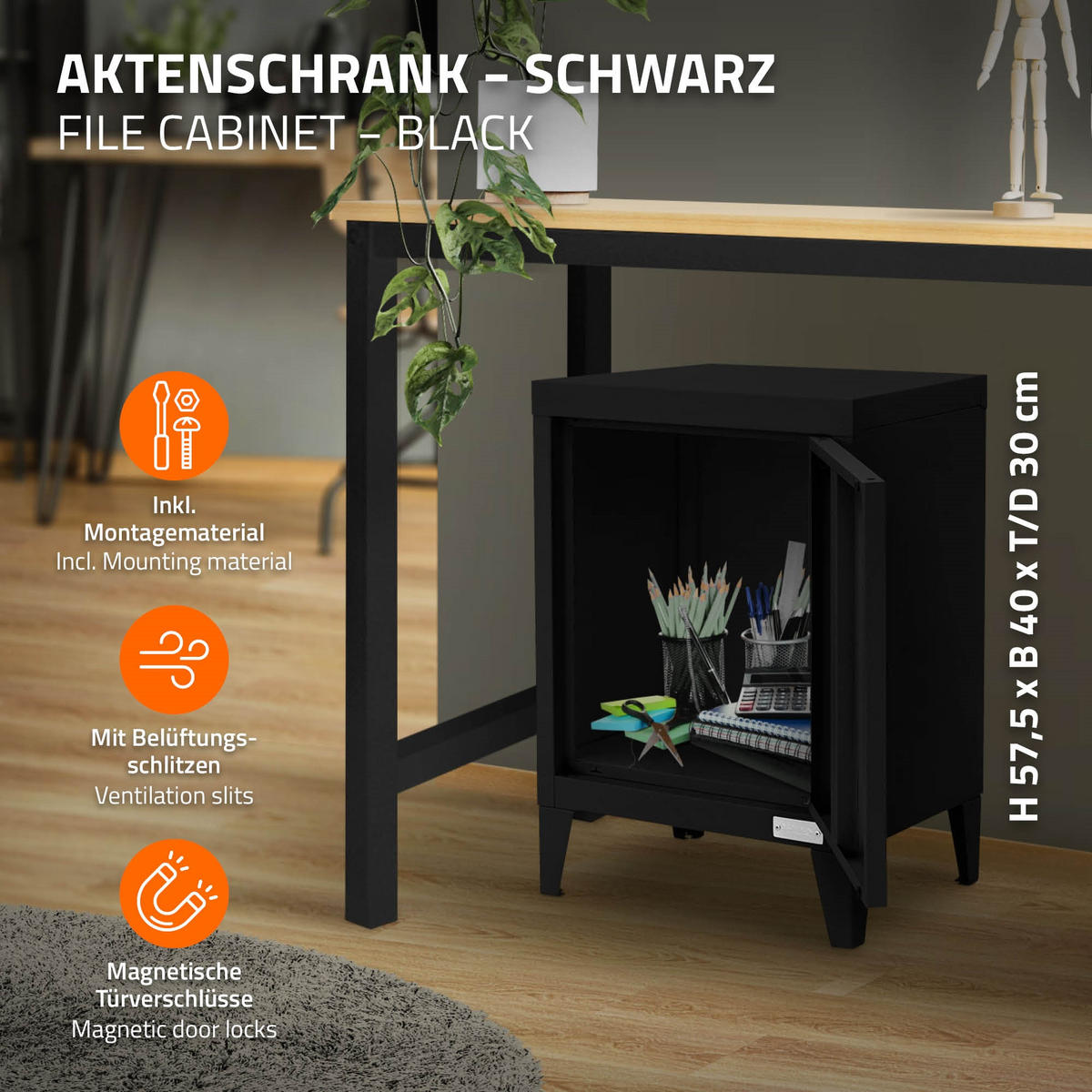 AKTENSCHRANK - Schwarz, Metall (30/57.5/40cm) - ML-DESIGN