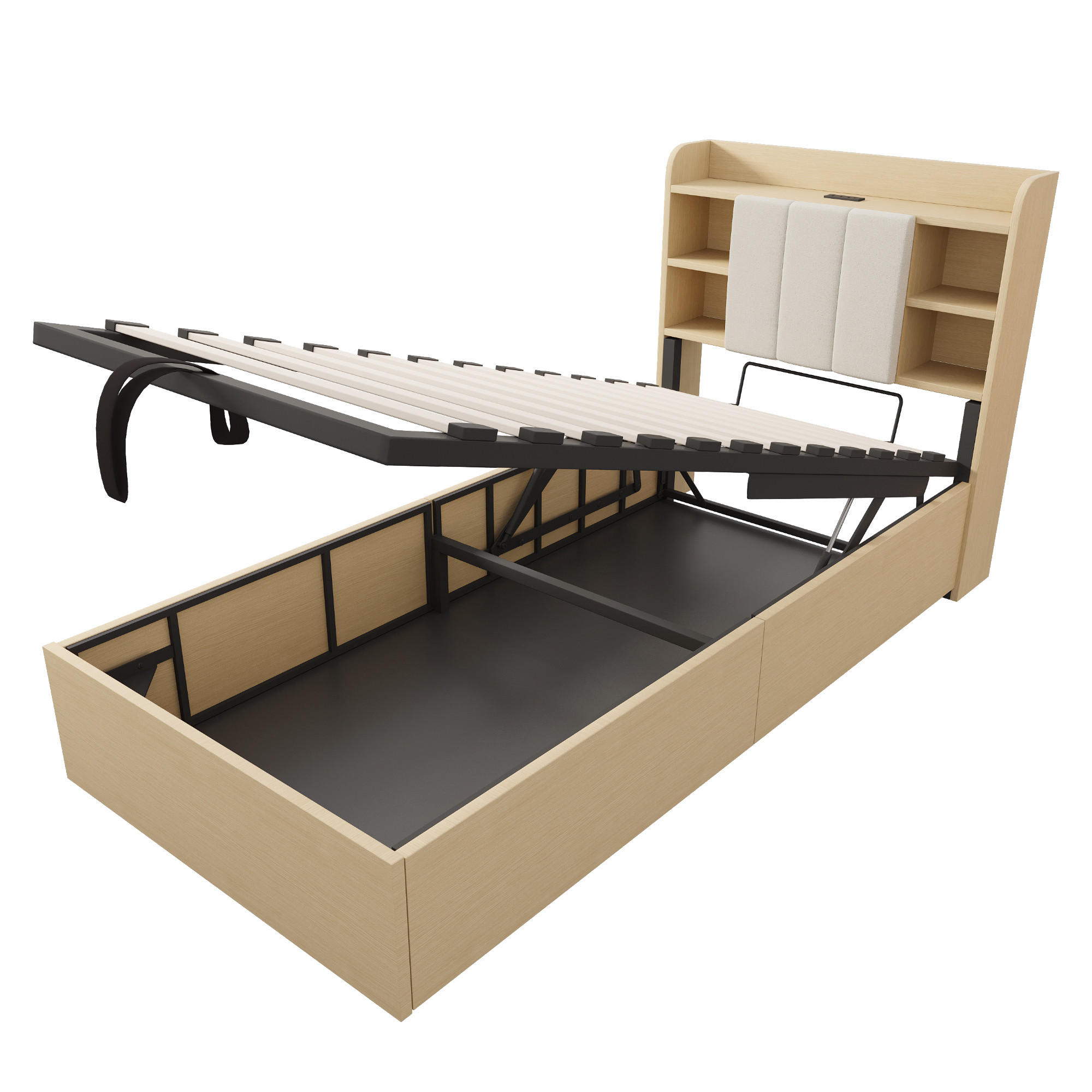 POLSTERBETT 90/200 cm Holzfarbe mit Stauraum, Ausgestattet mit USB und Tape-C-Steckdose - Naturfarben, Holz (90/200cm) - Oxeza