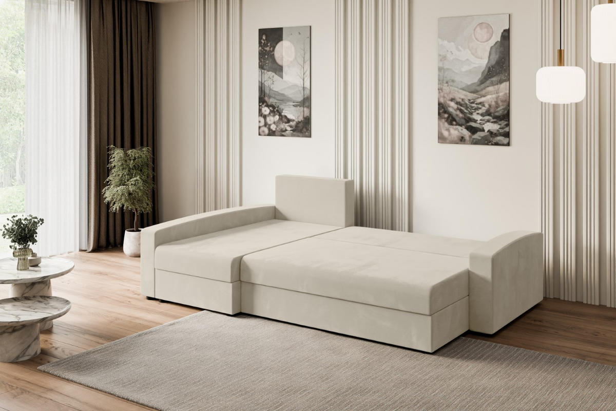 ECKSOFA mit Schlaffunktion und Bettkasten ALESIA-L 231x140x90 cm Beige Velours - Beige/Silberfarben, Holzwerkstoff/Kunststoff (231/140cm) - ALTDECOR