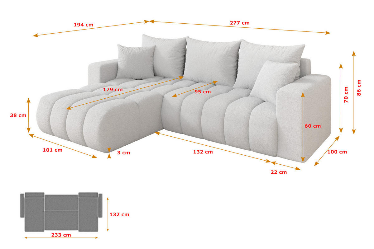 ROHOVÁ SEDAČKA s funkcí spaní, otoman vlevo MILA-L-v1 277x195x86 bílá bouclé - bílá/černá, kompozitní dřevo/textil (277/194cm) - ALTDECOR
