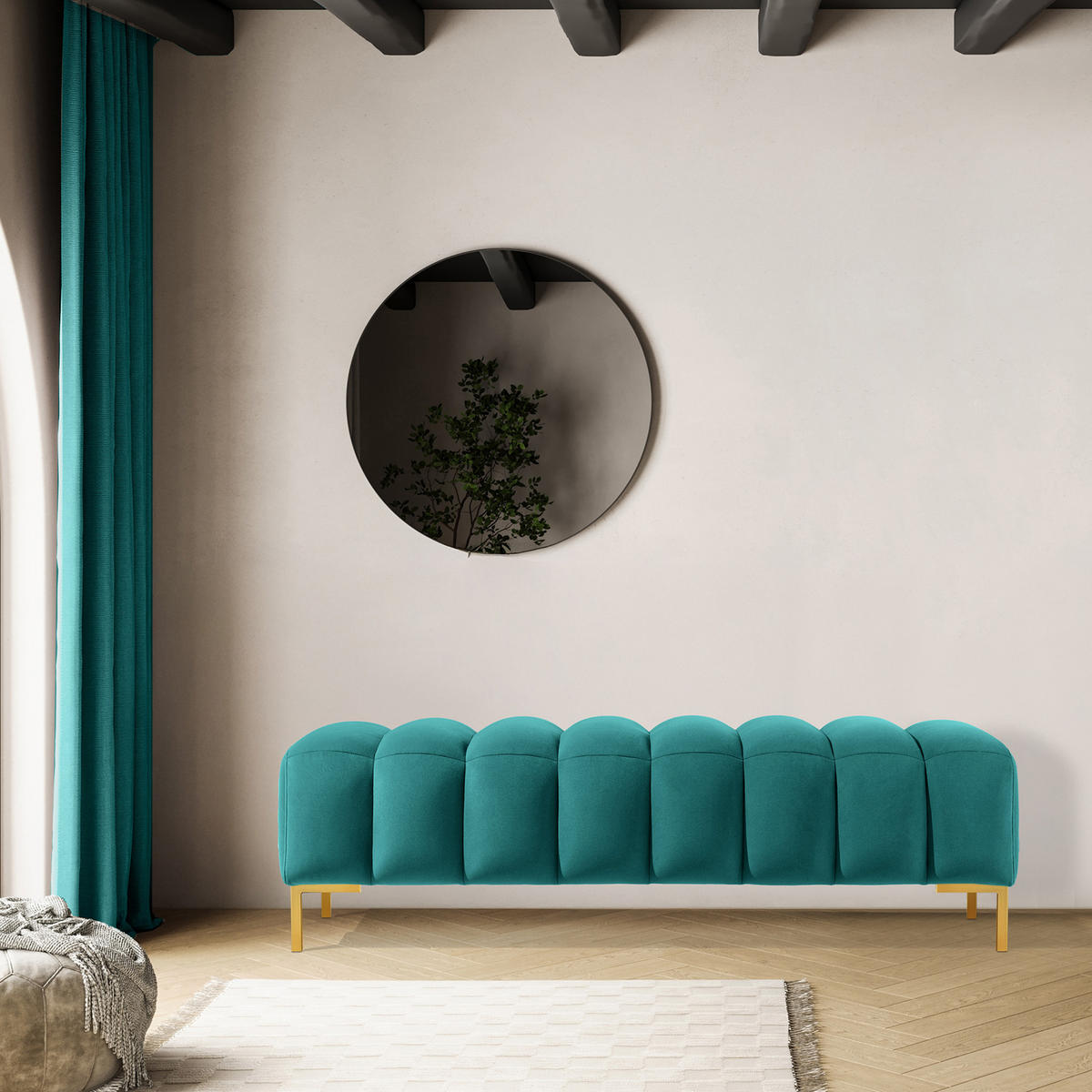 POLSTERBANK Bettbank PECCO, Metallbeinen - Blau/Goldfarben, Holz/Textil (160/50/50cm) - KONSIMO®