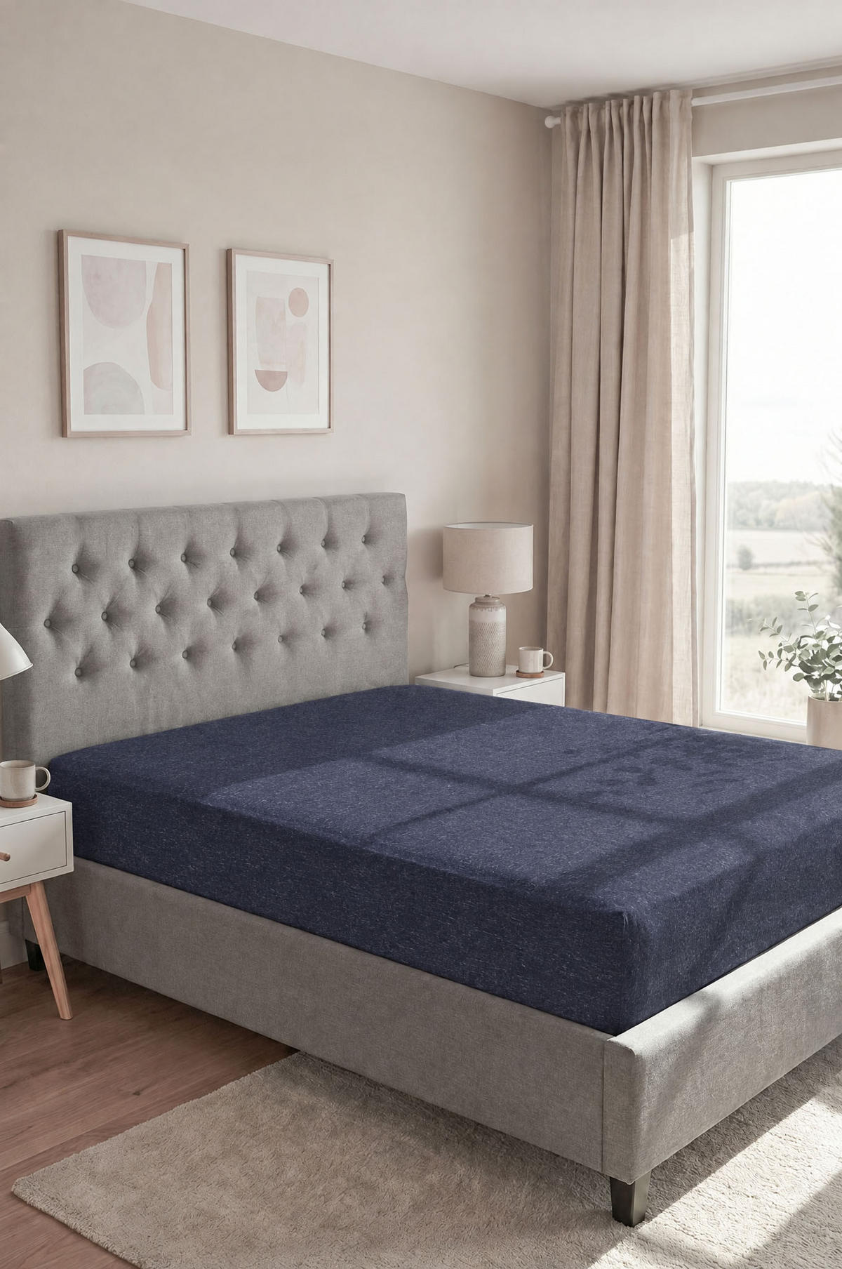 SPANNBETTTUCH Premium Biber Melange UNI marine, 140x200 cm - 160x200 cm - Dunkelblau, Textil (160/200cm) - biberna
