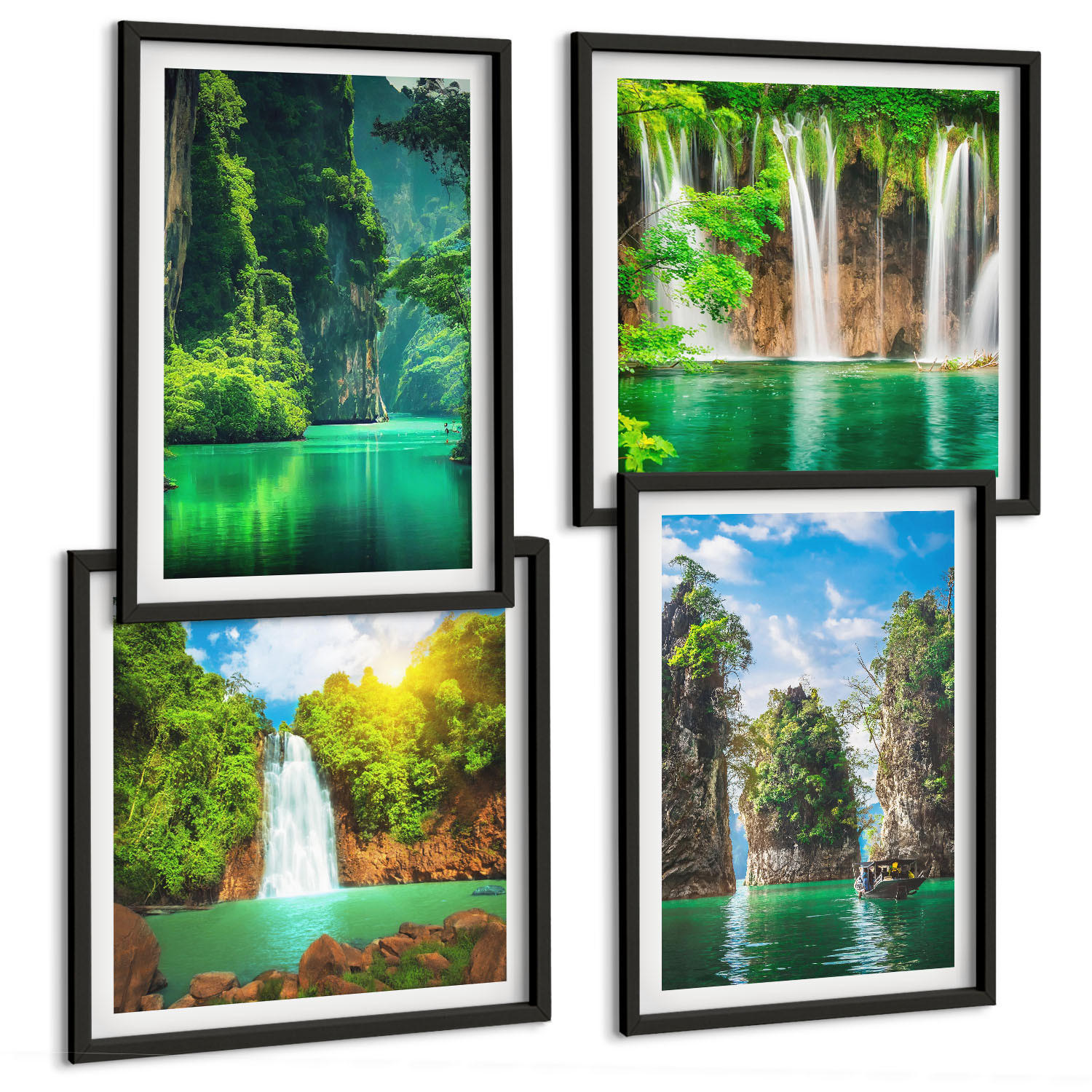 BILDER SET 4er Set - 50x50 cm & 40x60 cm Schwarzer Rahmen - Grüne Landschaften, Wasserfälle - Schwarz, Kunststoff (50/50cm) - TULUP