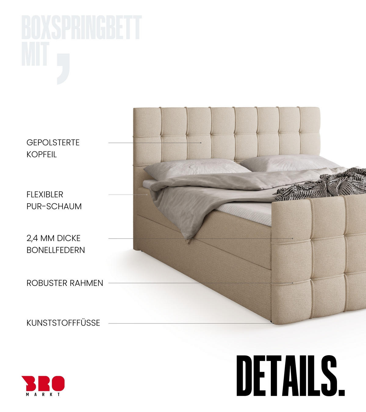 BOXBETT Detroit Duo mit Topper 180/200 Beige - Beige, Textil (180/200cm) - Bromarkt