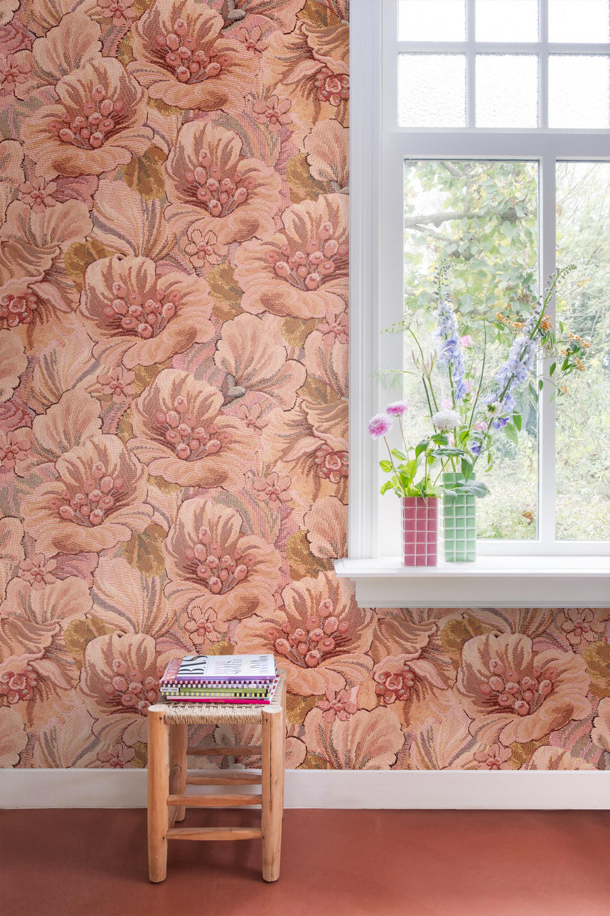 FOTOTAPETE gesticktes Blumenmuster 2.5 x 2.79 m - Pink, Papier (250/279cm) - ESTAhome