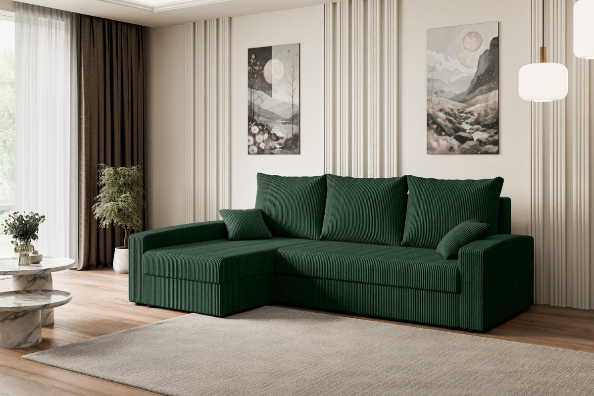 ECKSOFA mit Schlaffunktion und Bettkasten ALESIA-L 231x140x90 cm Grün Cord - Silberfarben/Grün, Holzwerkstoff/Kunststoff (231/140cm) - ALTDECOR