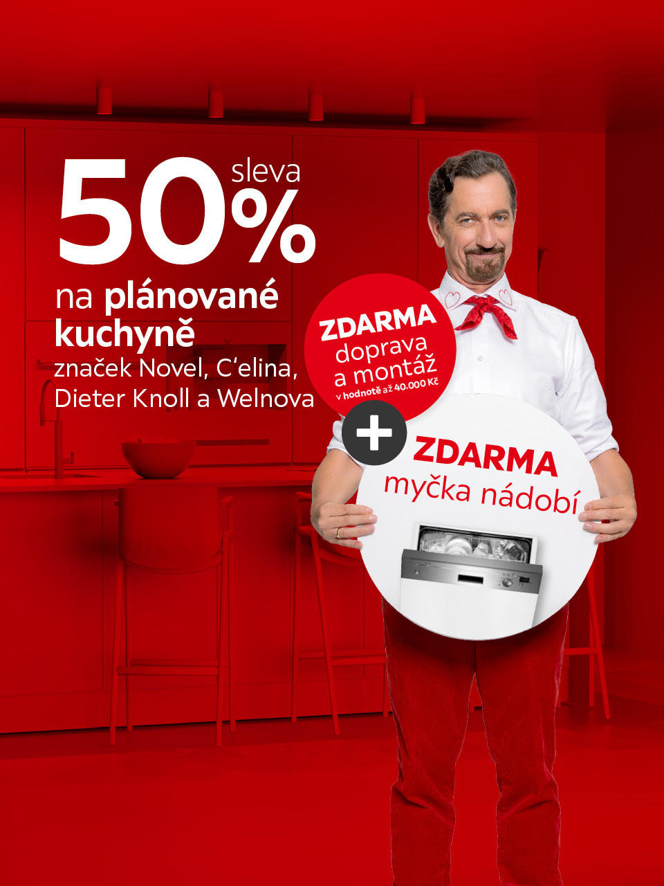 50 % sleva na plánované kuchyně, zdarma doprava, montáž a myčka