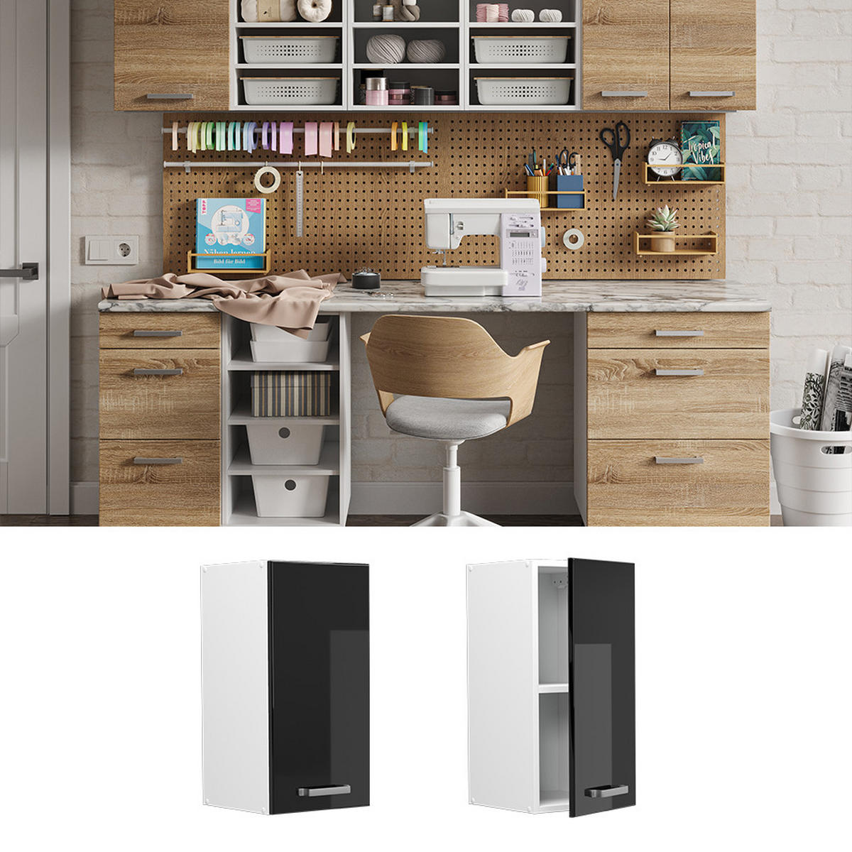 UNIVERZÁLNÍ NÁSTĚNNÁ SKŘÍŇKA R-Line Černý vysoký lesk - bílá/vysoce lesklá černá, kompozitní dřevo (30/60/31cm) - Vicco