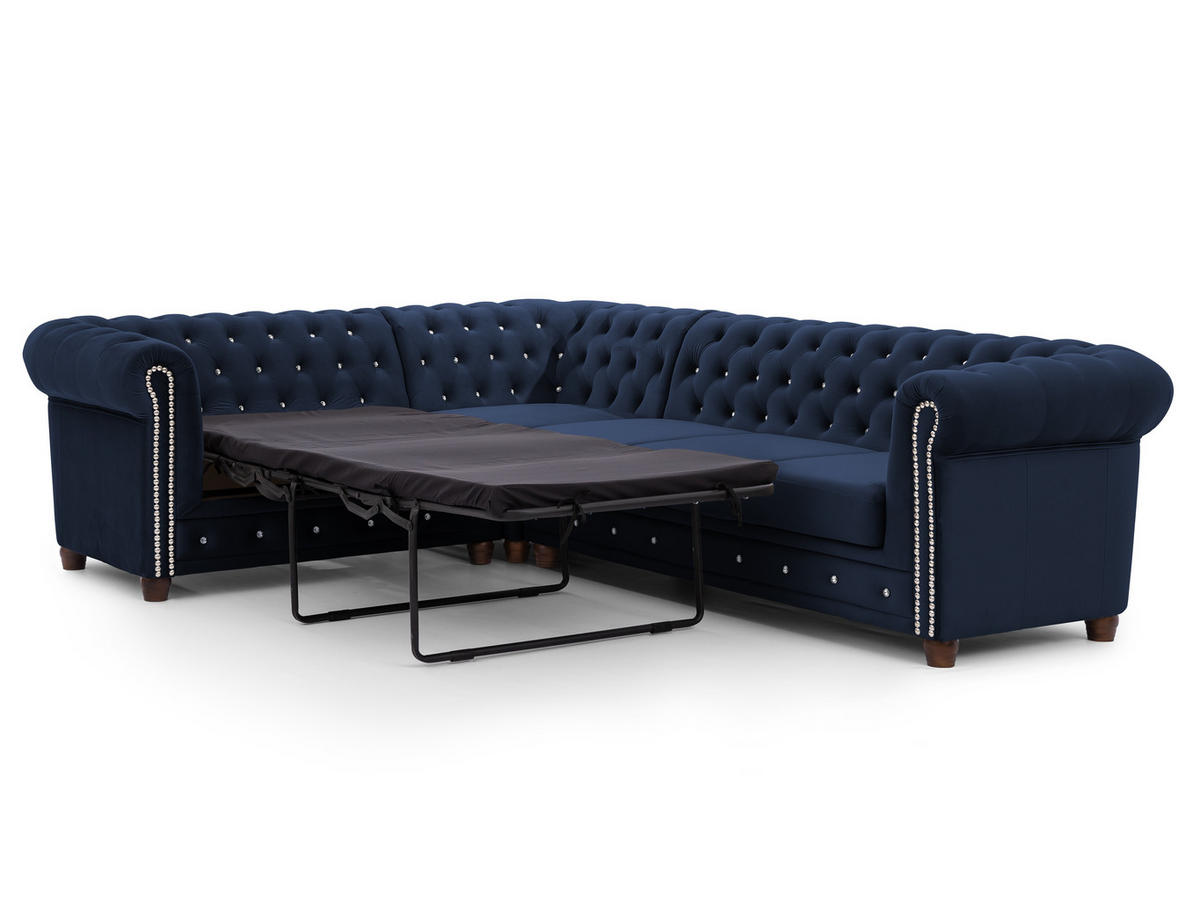 ECKSOFA mit Schlaffunktion Chesterfield Marineblau Samt mit Kristallsteppung und braunen Massivholzfüßen - Ottomane Links - Blau/Braun, Holz/Textil (264/210cm) - S-Style Möbel