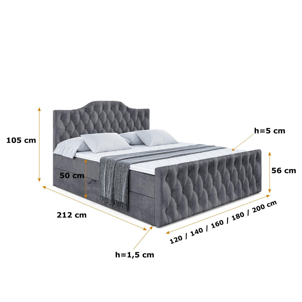 BOXBETT VILA-1-Z - 140x200 cm - H4 - Dunkelgrau - Dunkelgrau, Holzwerkstoff (140/200cm) - ALTDECOR
