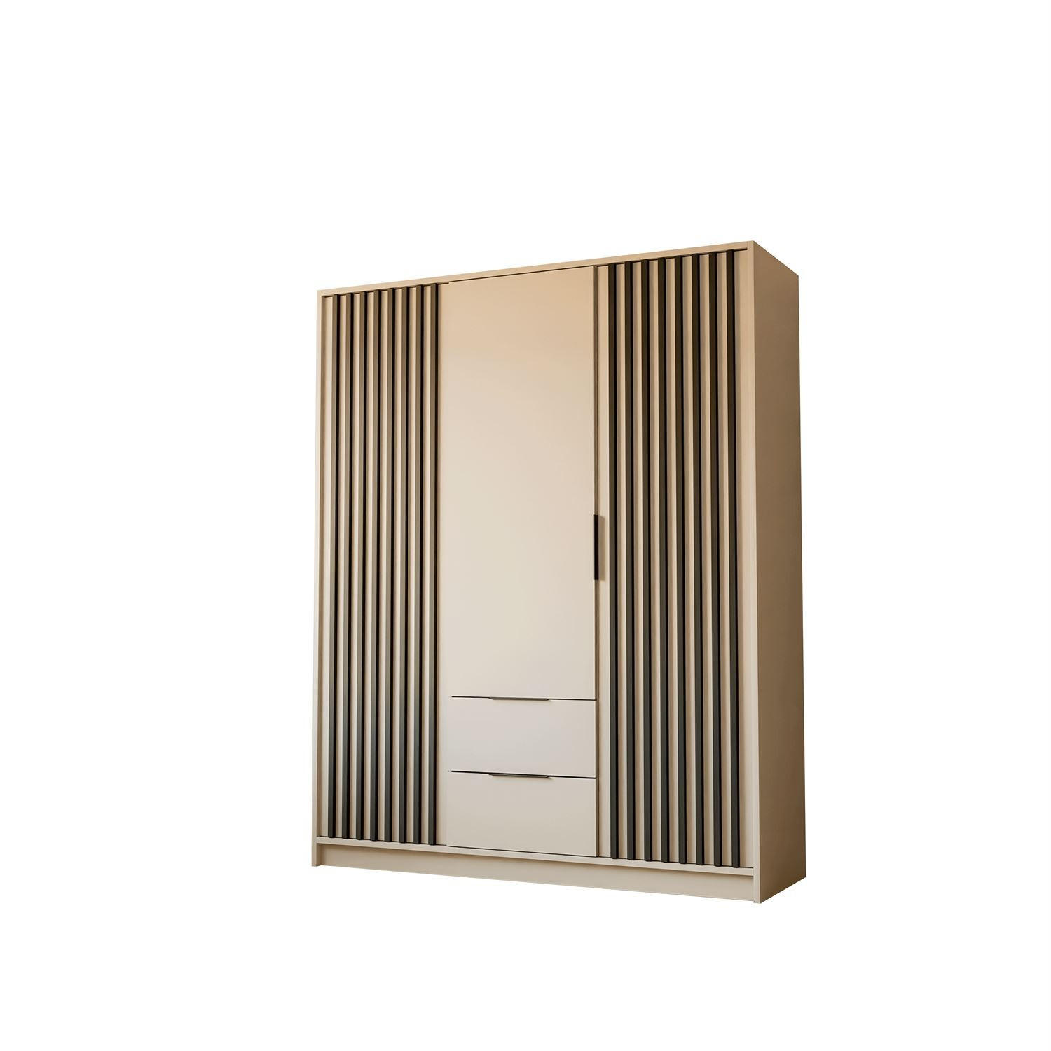 KLEIDERSCHRANK NELA, dreitürig mit Lamellen, 155 cm, Kaschmir/Schwarz - Kaschmir, Holzwerkstoff (155/200/51cm) - Lookway