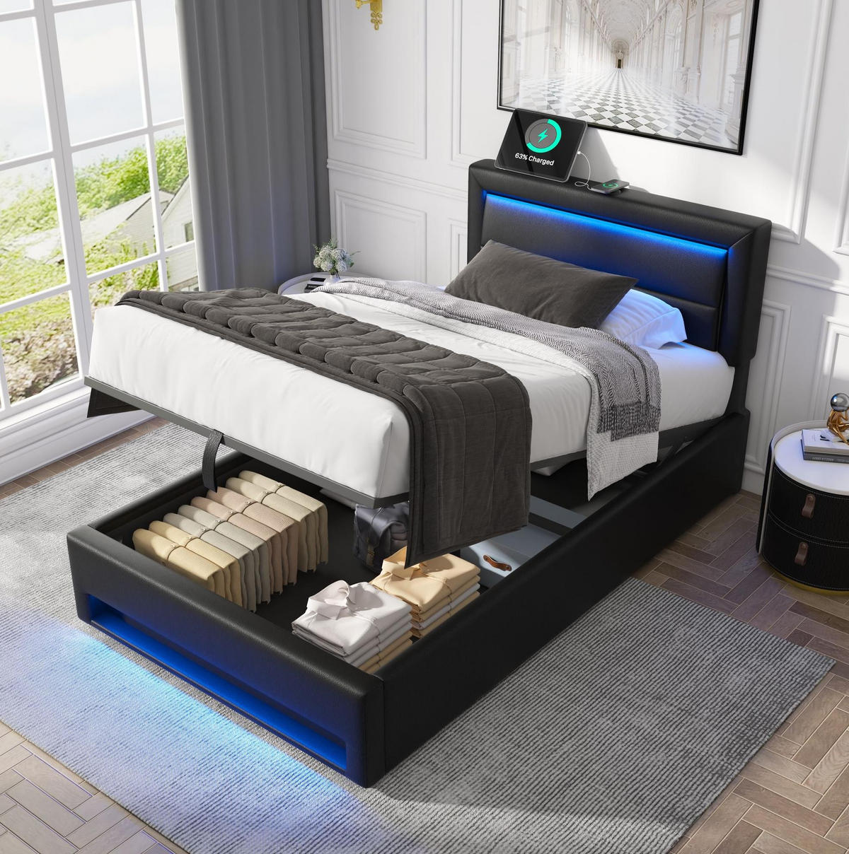 ČALOUNĚNÁ postel 90/190 cm s LED osvětlením, USB nabíjením a úložným prostorem z PU, Černá - černá, plast (90/190cm) - Redom