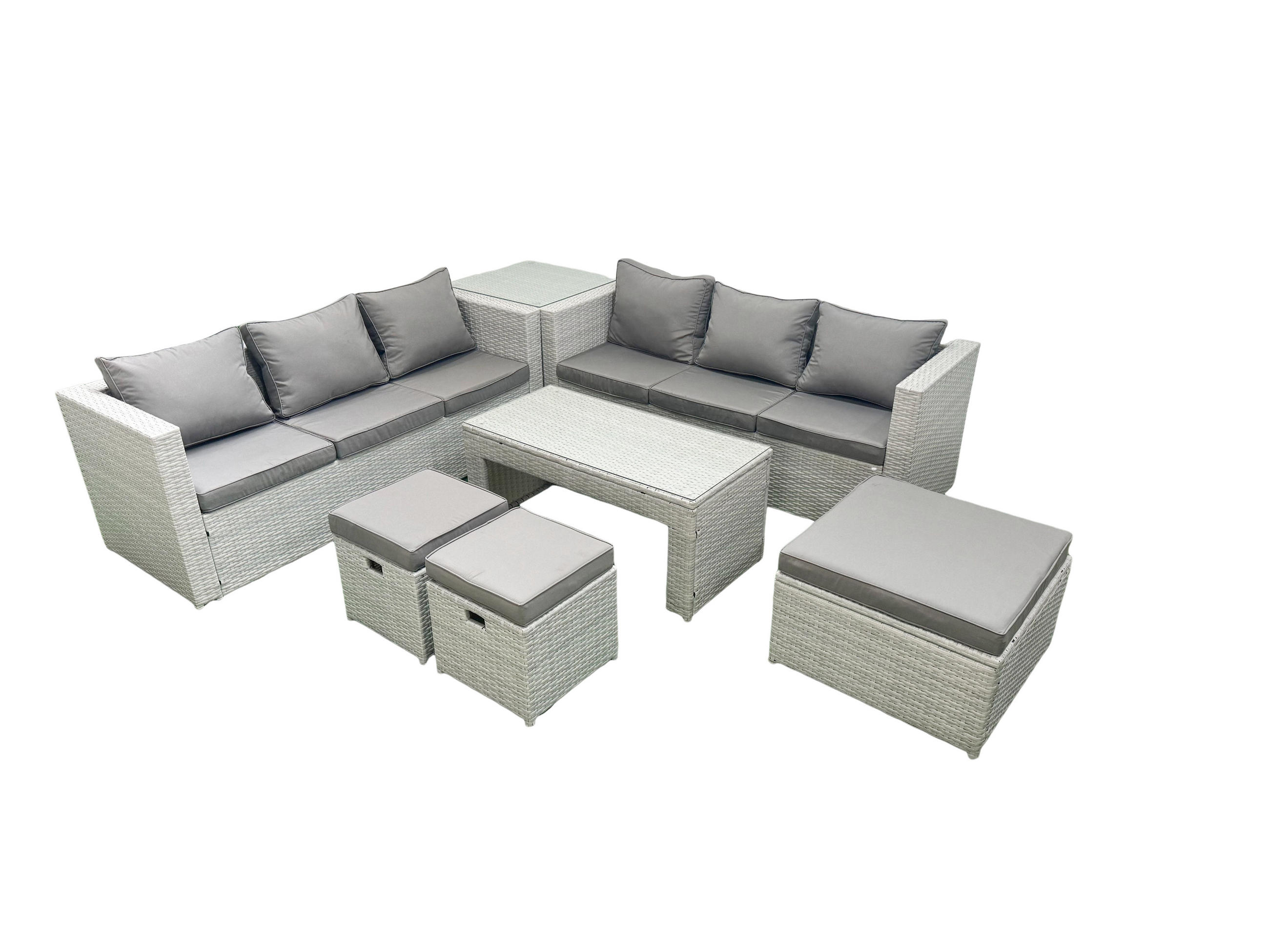 GARTENSOFA hohe Rückenlehne Polyrattan Hellgrau-Mix 9-Sitzer - Hellgrau/Grau, Glas/Kunststoff - Fimous