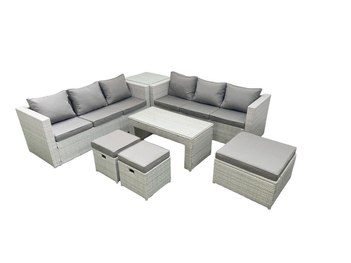 GARTENSOFA hohe Rückenlehne Polyrattan Hellgrau-Mix 9-Sitzer - Hellgrau/Grau, Glas/Kunststoff - Fimous