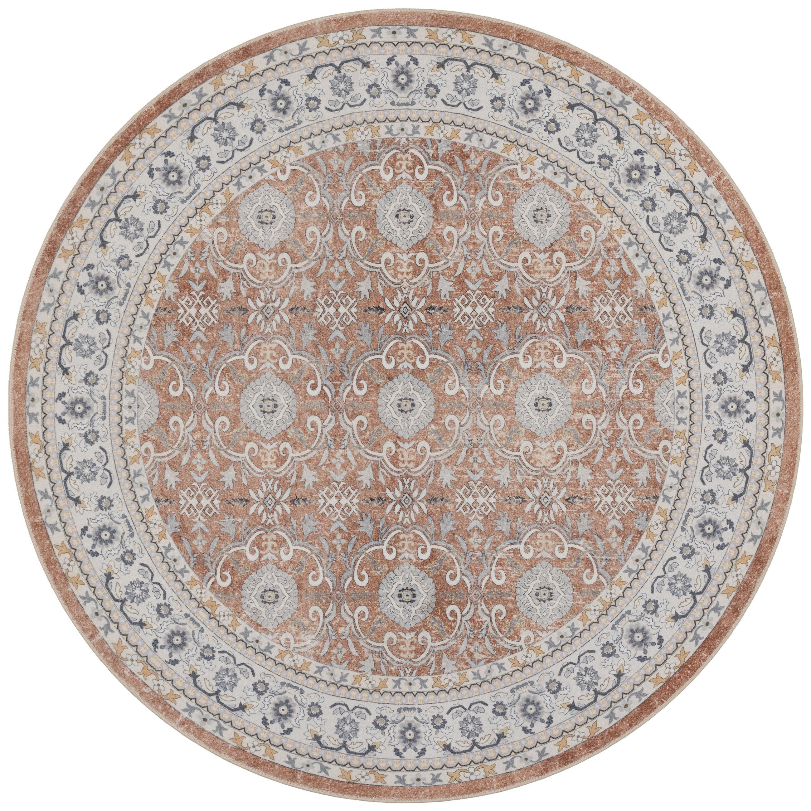 TEPPICH Kurzflor, waschbar, mit floralen Ornamenten, VERNANTE in Terrakotta-Creme, Ø 160 cm - Rot, Textil (160/160cm) - KADIMA DESIGN