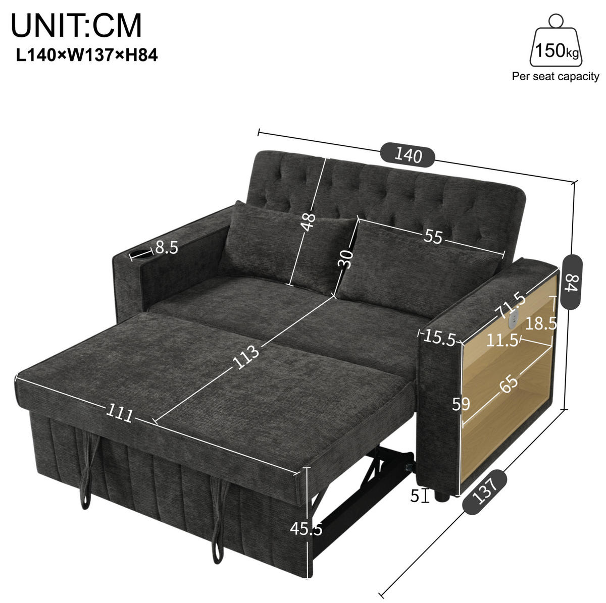 2-SITZER 140/137/84 cm Grau aus Chenille mit Schlaffunktion und USB-Ladeanschluss - Grau, Textil (137/84/140cm) - OKMYHOME