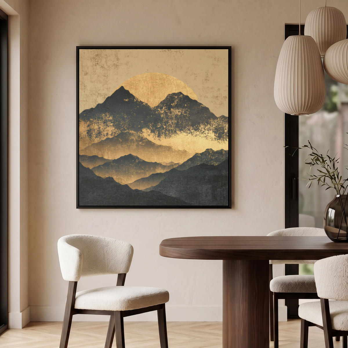 LEINWAND Bilder mit Rahmen - Goldene Berge bei Mondschein - 90x90 - Goldfarben, Textil (90/90cm) - MuchoWow