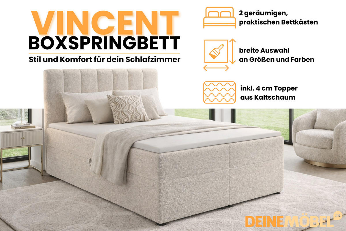 BOXBETT VINCENT 120/200 in Boucle Creme H4 - Creme, Holz/Holzwerkstoff (120/200cm) - Deine Möbel 24