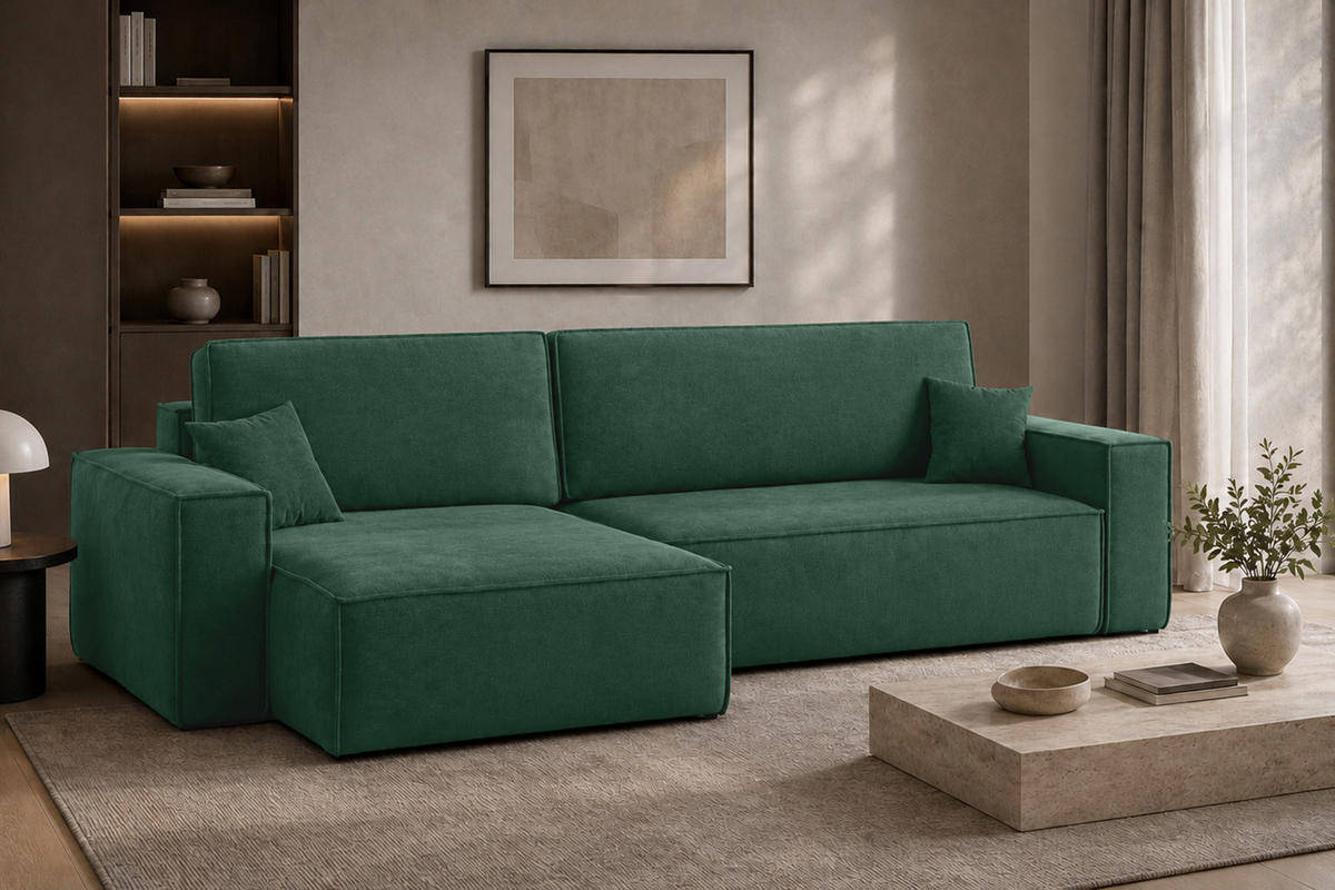 ECKSOFA L-Form Mit Schlaffunktion Und Bettkasten, Veloursstoff Bluvel, Grün, Links, BEST XL - Grün, Holz (274/142cm) - Kaiser Möbel