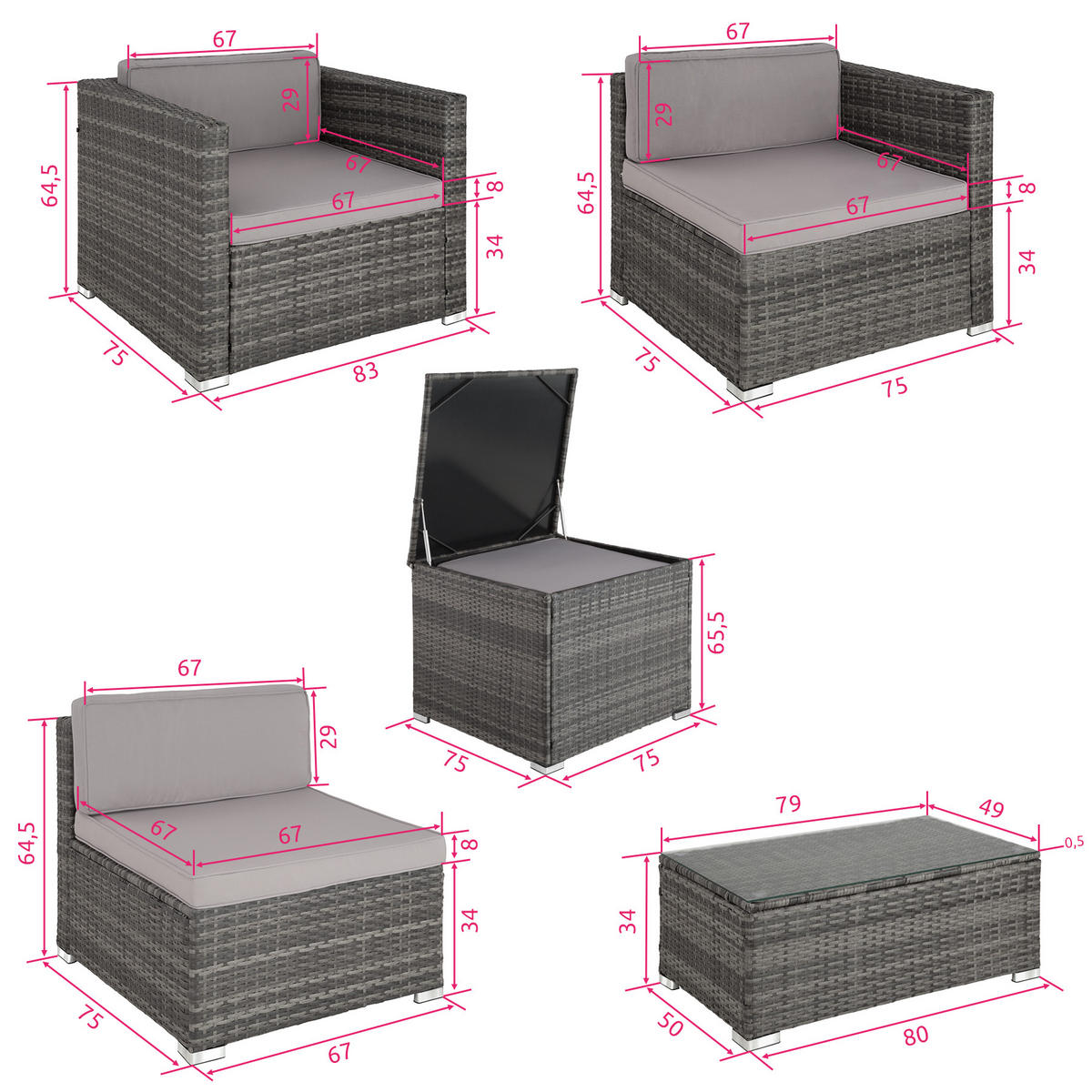 RATTANLOUNGE Pisa,inklusive großer Aufbewahrungsbox,grau - Grau, Kunststoff - tectake
