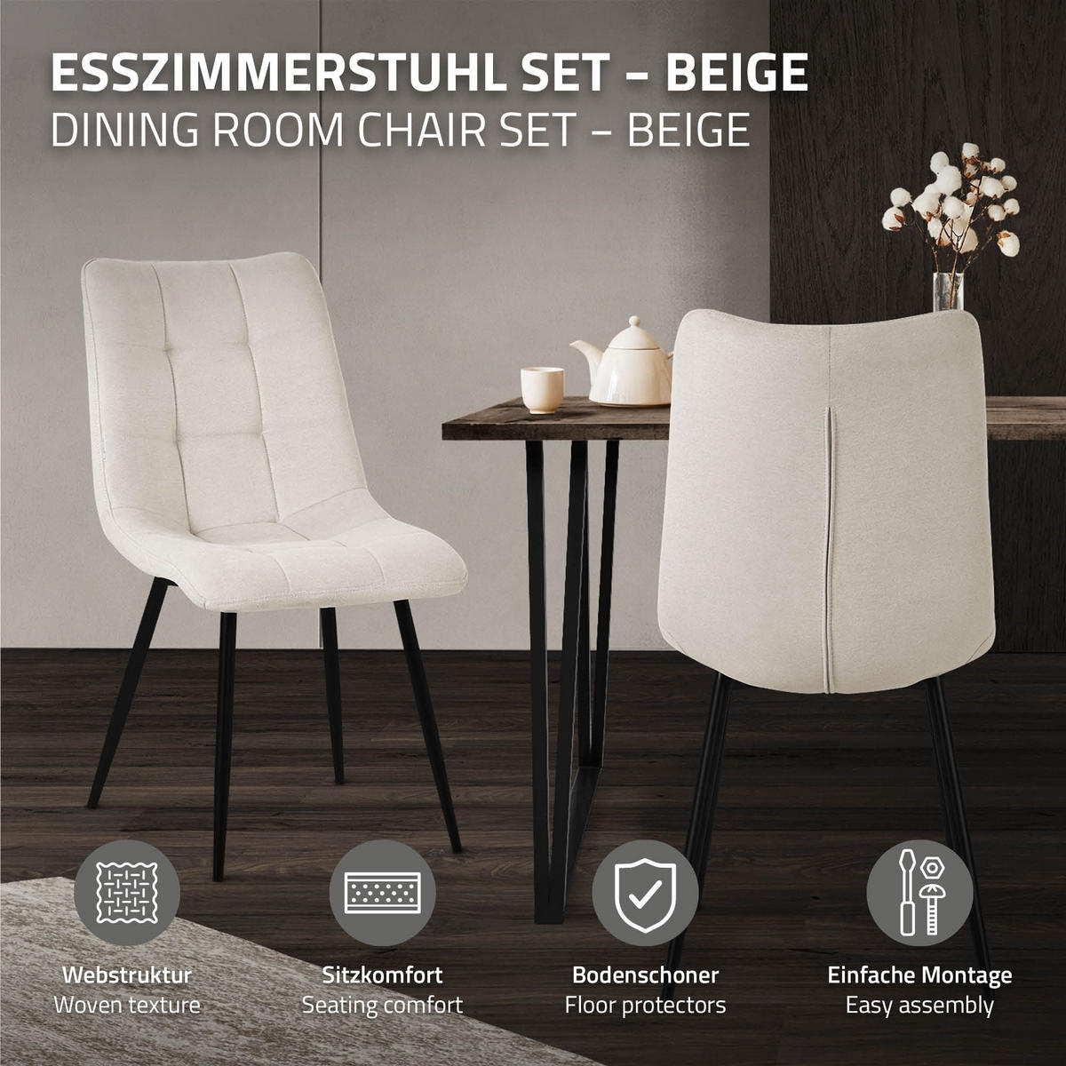 ESSZIMMERSTÜHLE 2ER-SET Beige Stoffbezug - Beige/Schwarz, Textil/Metall (49/89/60.5cm) - ML-DESIGN