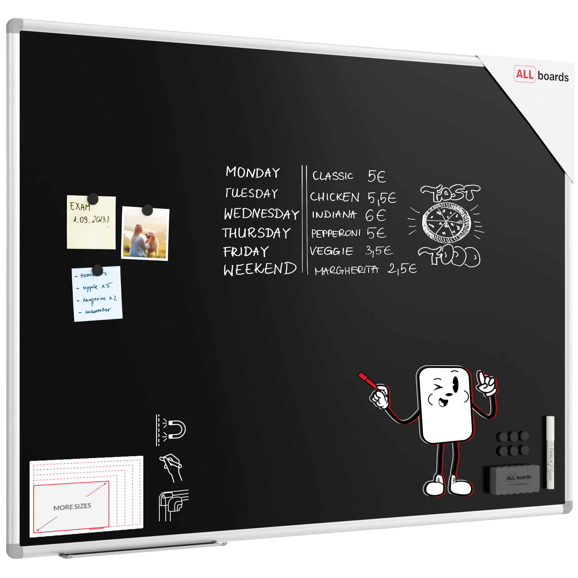 SCHWARZE magnetische Kreidetafel mit Alurahmen Premium EXPO 120x90cm - Schwarz, Metall (120/90/1.6cm) - ALLboards