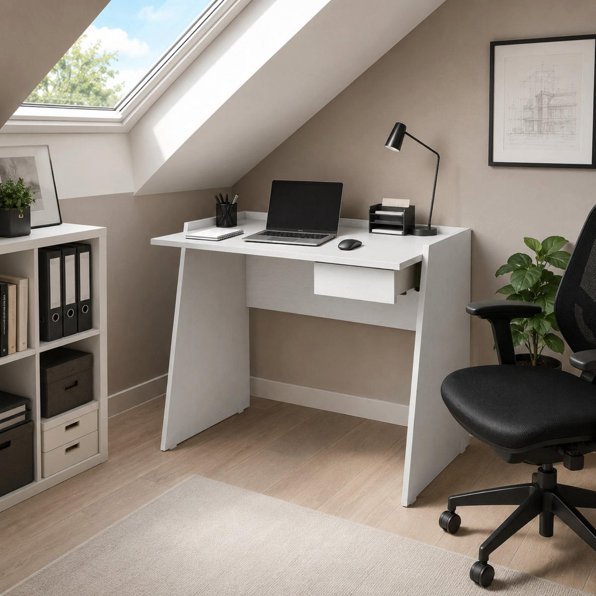 MODERNÍ Bílý Psací Stůl Zásuvka Betonový efekt ; PC Stůl Home Office Práce Studium Úspora Místa - bílá, dřevo/kompozitní dřevo (60/60/80cm) - The White Stone