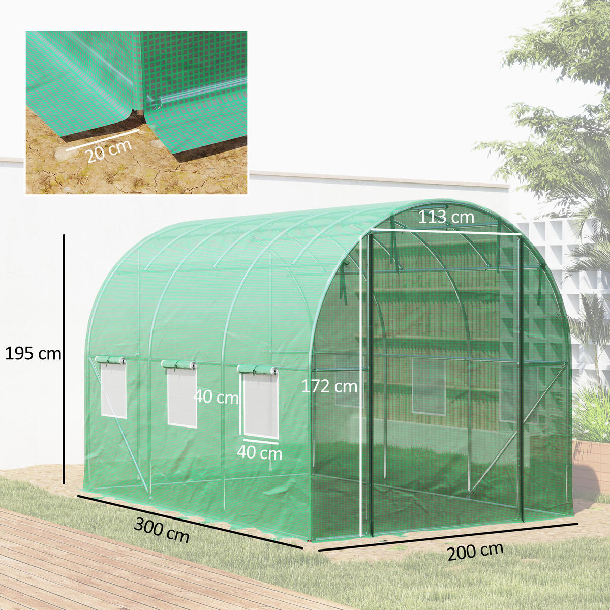 FOLIENTUNNEL, 300L x 200B x 195H cm - Grün, Kunststoff/Metall (200/195/300cm) - Outsunny