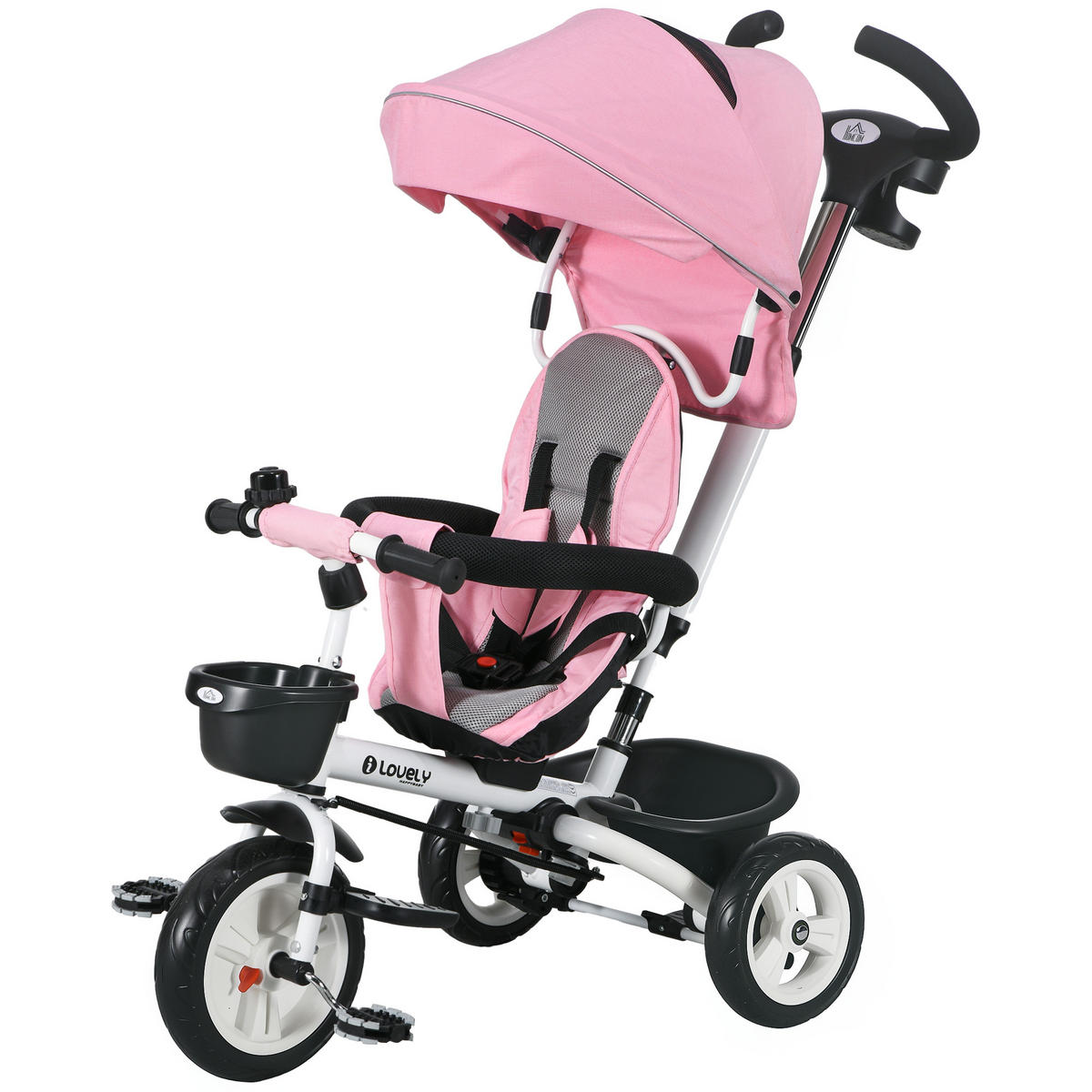 KINDERDREIRAD DE-10441 6-in-1 mit Schiebestange, Dach & Gurt Rosa - Pink, Metall (112/50/104cm) - ComfortXL
