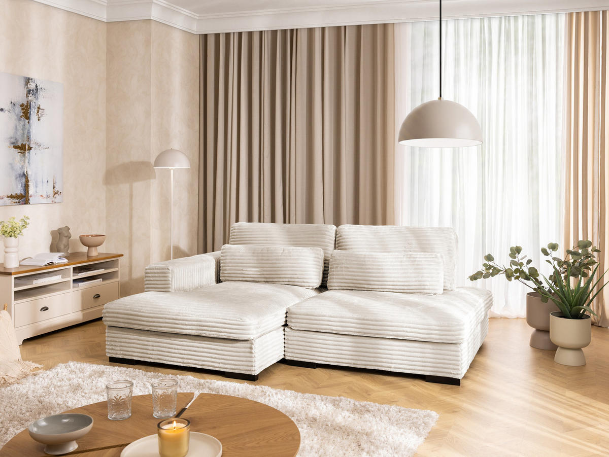ECKSOFA Wolke mit tiefer Sitzfläche, Schlaffunktion und praktischem Bettkasten aus weichem Creme Cordstoff - Creme/Schwarz, Holz/Kunststoff (162/225cm) - S-Style