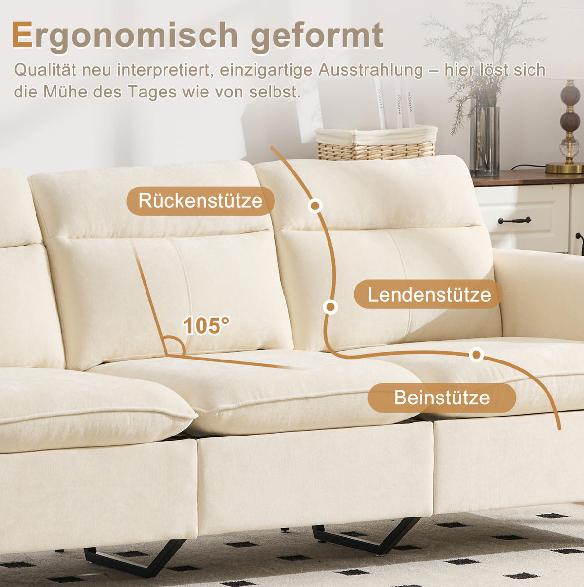 SOFA 261/77/86 cm in Beige mit Chenillebezug und 2 Stauraumhockern - Beige, Textil (77/86/261cm) - Flora Grace