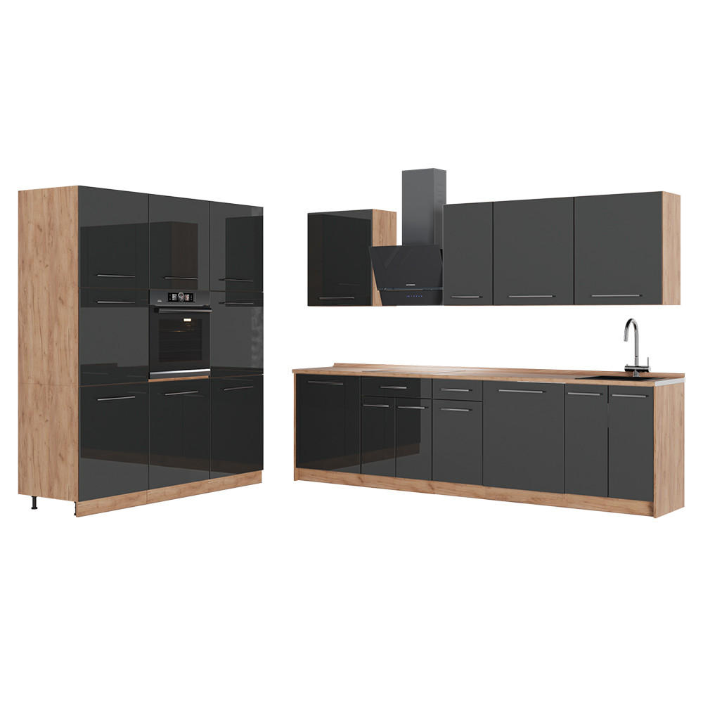 KUCHYNKA Fame-Line, Antracit vysoký lesk/Dub Goldkraft, 460 cm, AP Oak - dub medový/čierna s vysokým leskom, kompozitné drevo (460/206.8/60cm) - Vicco