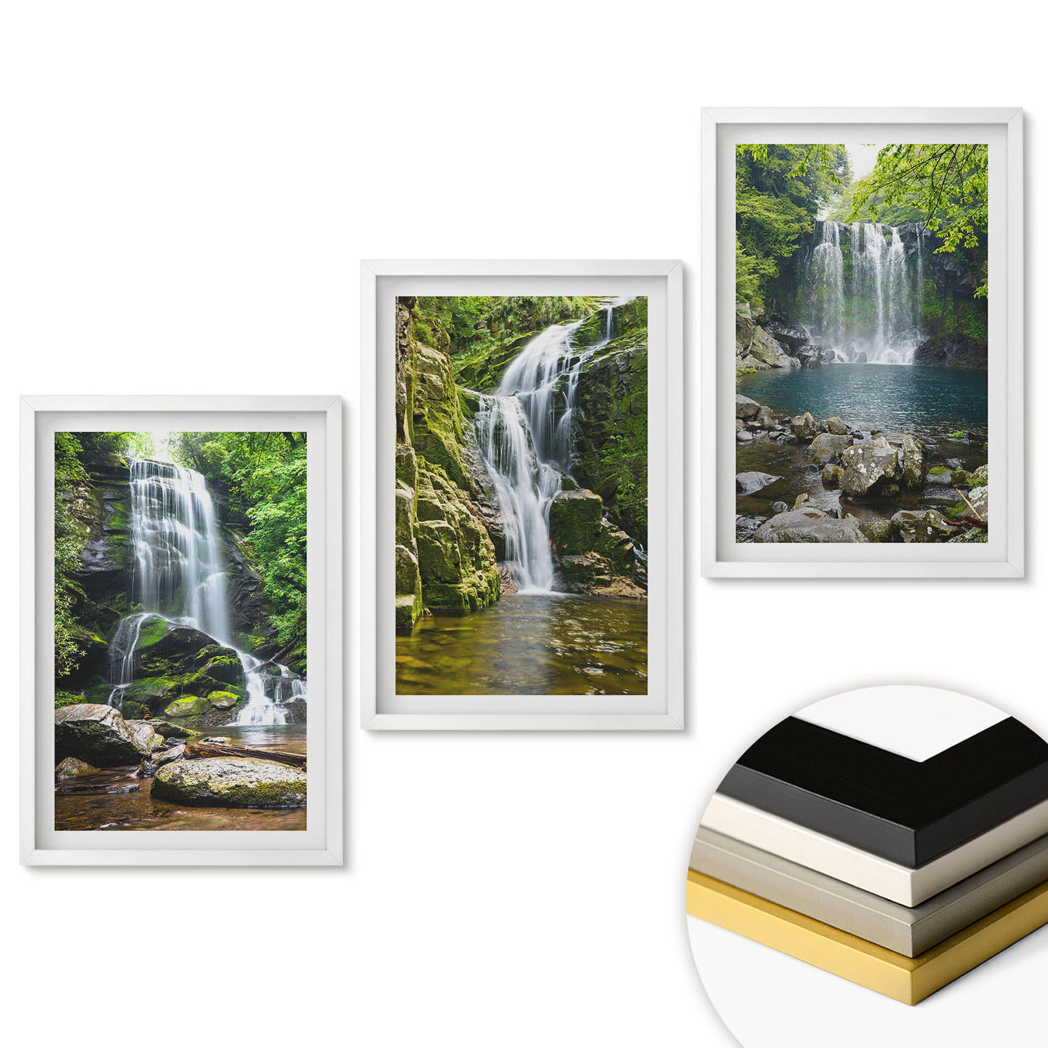 WANDBILDER 3er-Set - 40x60 cm Weißer Rahmen - Wasserfälle, grüne Umgebung - Weiß, Kunststoff (40/60cm) - ArtPrintCave